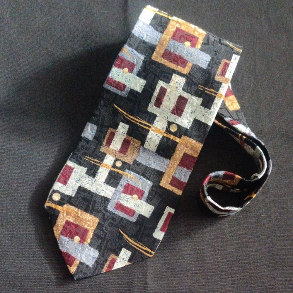 Vintage Johnston & Murphy Abstract Pattern Tie - Black, Gray, Red, Gold 100%silk